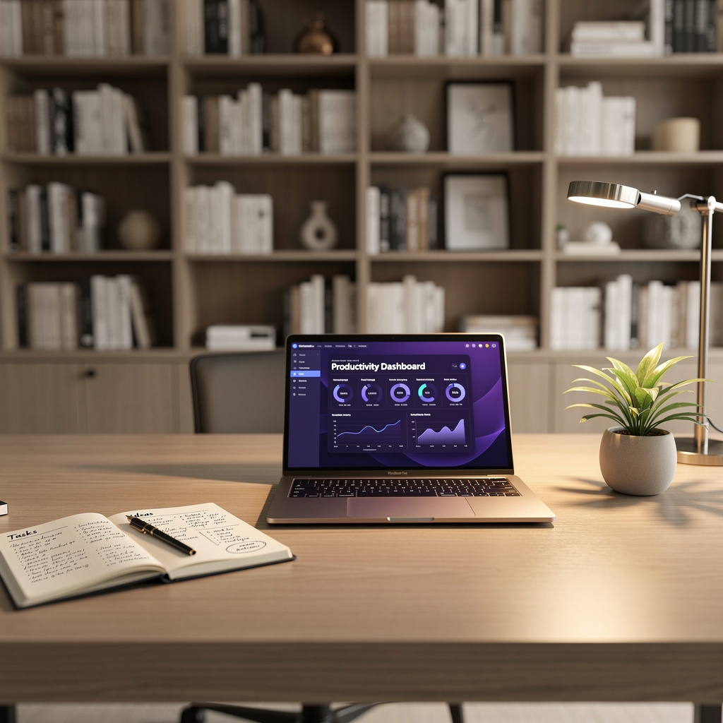 Espacio de trabajo organizado con herramientas digitales y pantalla mostrando interfaz de IA